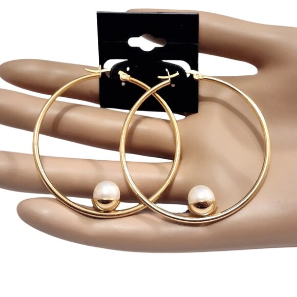 2" Single Pearl Hoops Pierced Stud Earrings Gold Vintage 50mm Stainless Steel - Picture 1 of 3